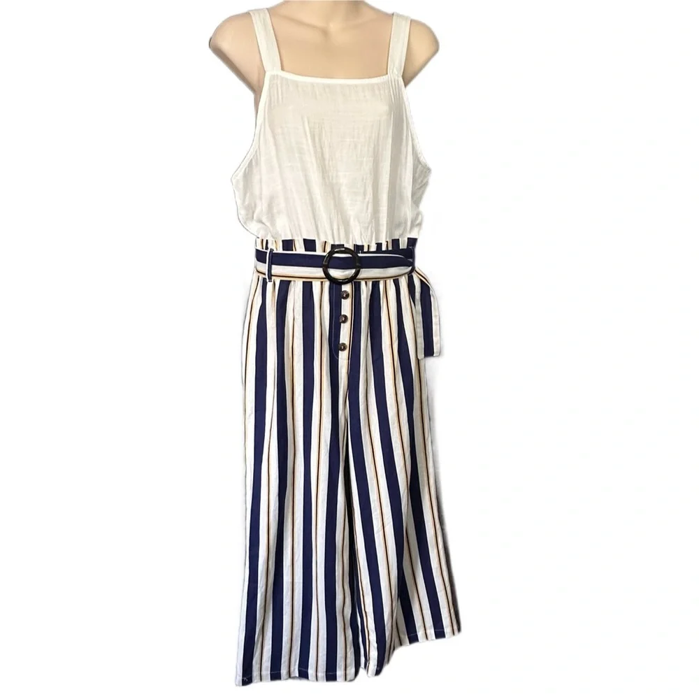 E & M White Blue and Mustard Striped Belted Overall Jumpsuit Women's Size L - Picture 1 of 14